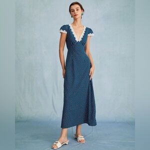 Rihoas | Polka Dot Lace Maxi Dress in Navy XS